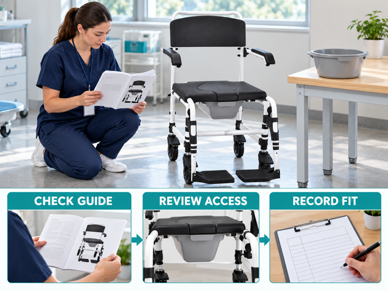 Commode chair bucket removal illustrated with a product scene and process chart