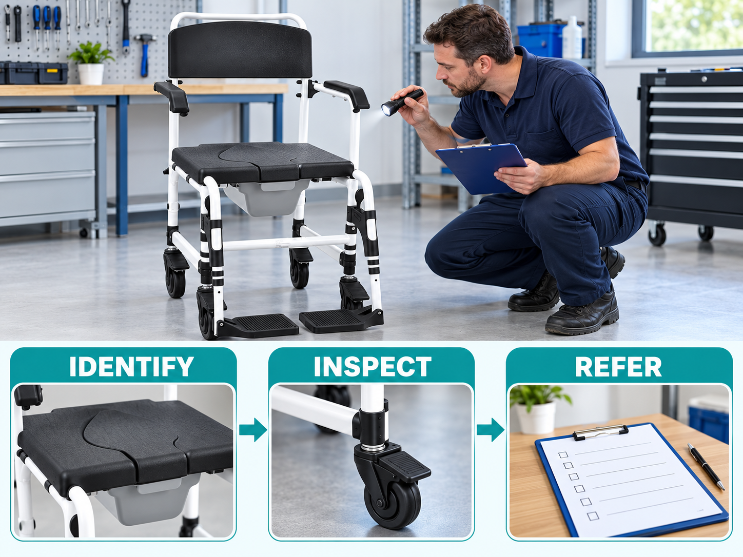 Illustrative commode chair corrosion checks workflow chart with photographic steps; no test results