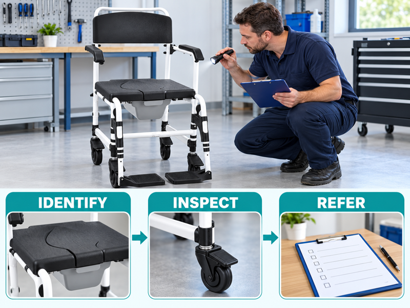 Commode chair corrosion checks illustrated with a product scene and process chart