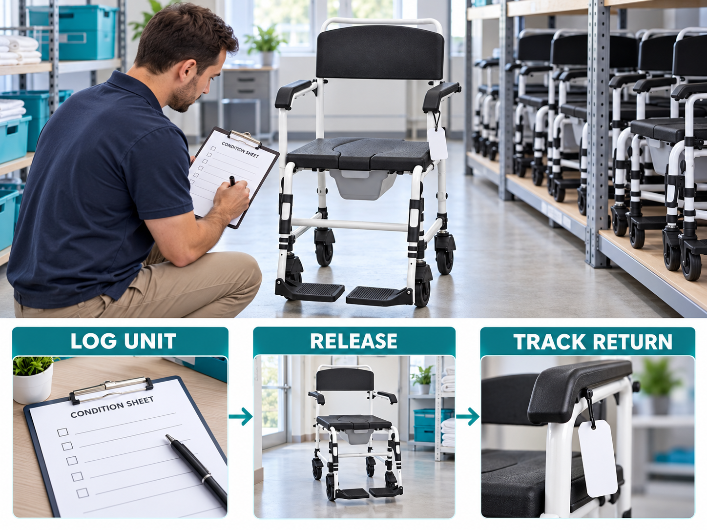 Illustrative commode chair rental fleet workflow chart with photographic steps; no test results