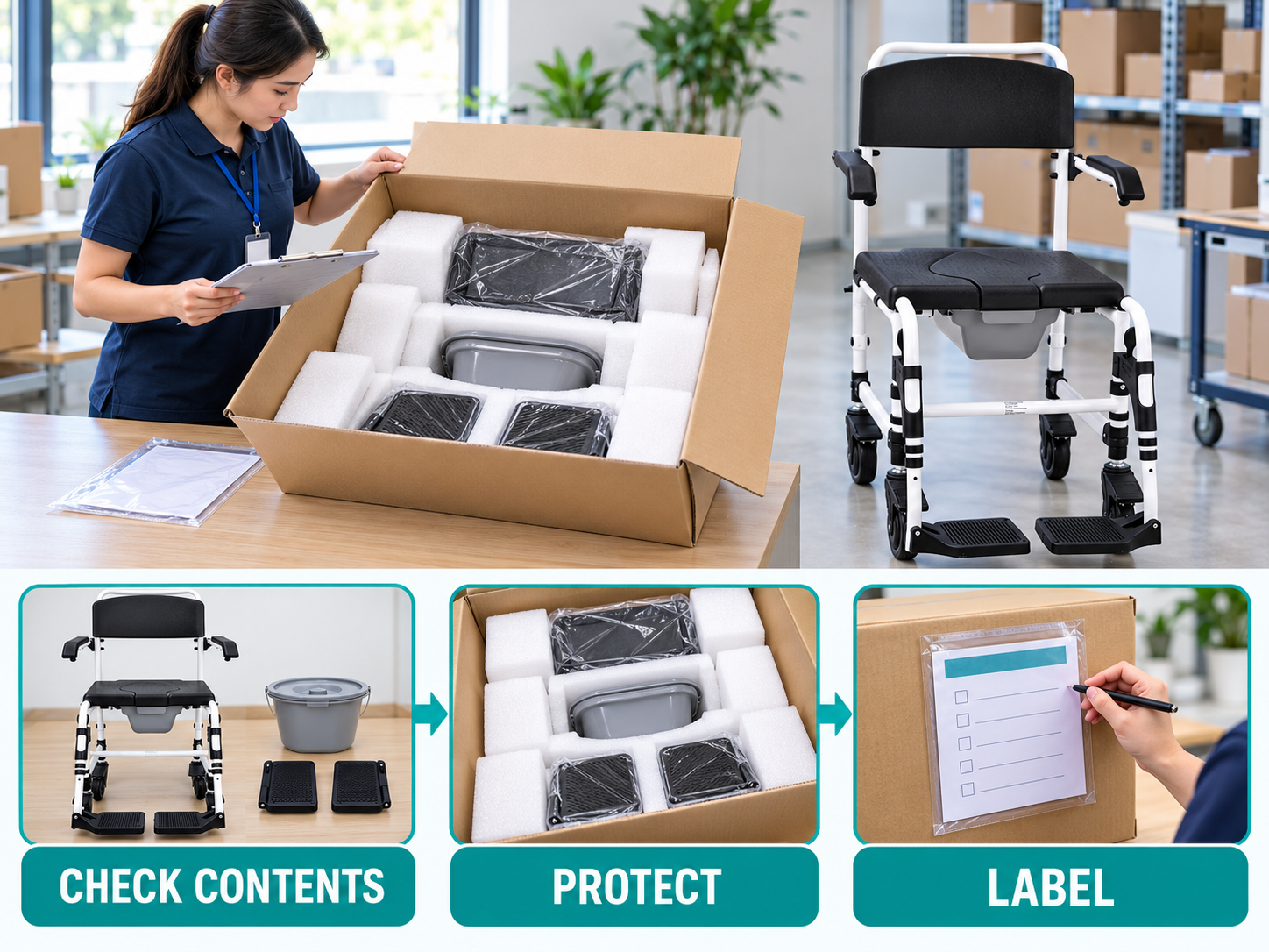 Illustrative commode chair packing checklist workflow chart with photographic steps; no test results