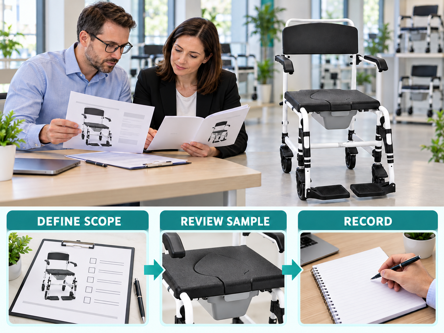 Illustrative commode chair sample review workflow chart with photographic steps; no test results
