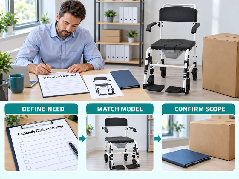 Commode chair order brief illustrated with a product scene and process chart