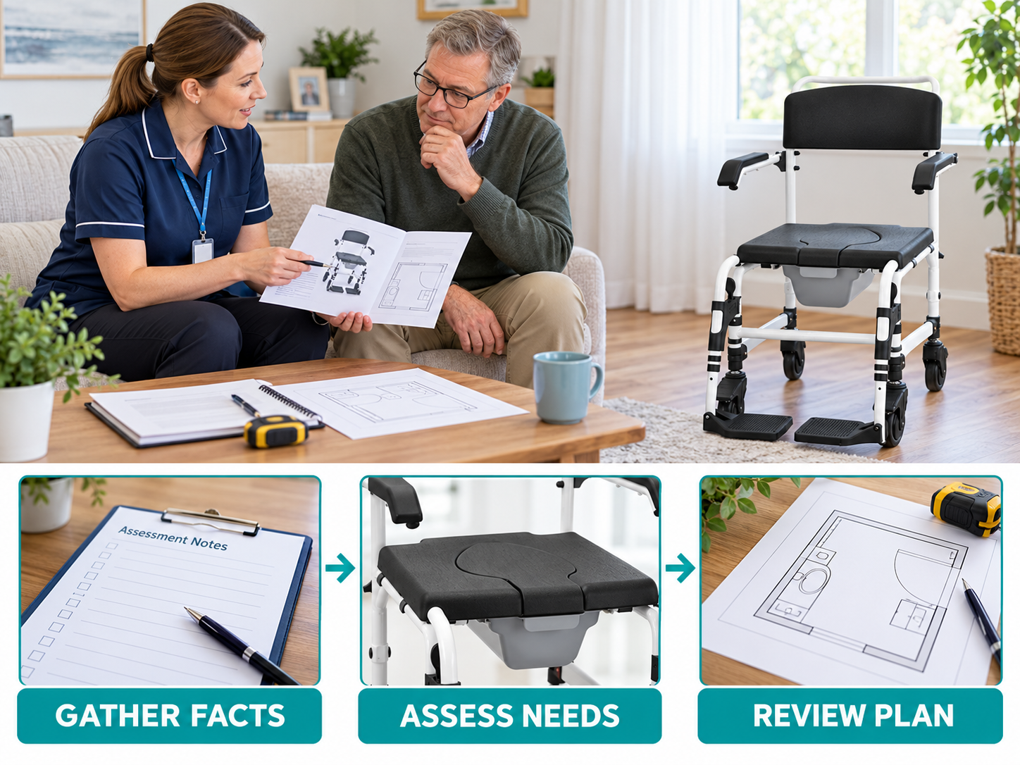 Illustrative commode chair transfer assessment workflow chart with photographic steps; no test results