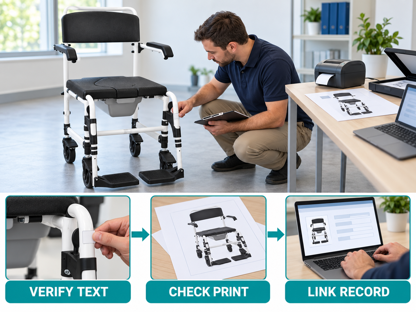 Illustrative commode chair product labels workflow chart with photographic steps; no test results