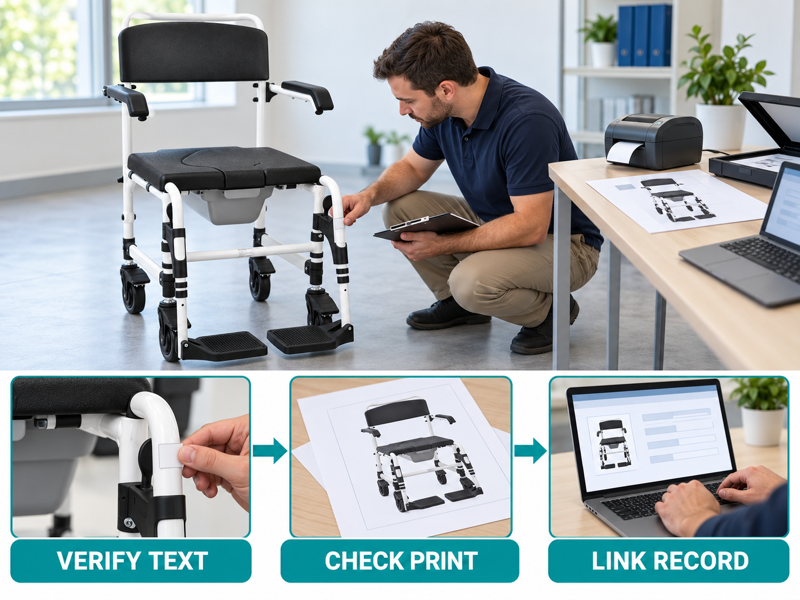 Commode chair product labels illustrated with a product scene and process chart