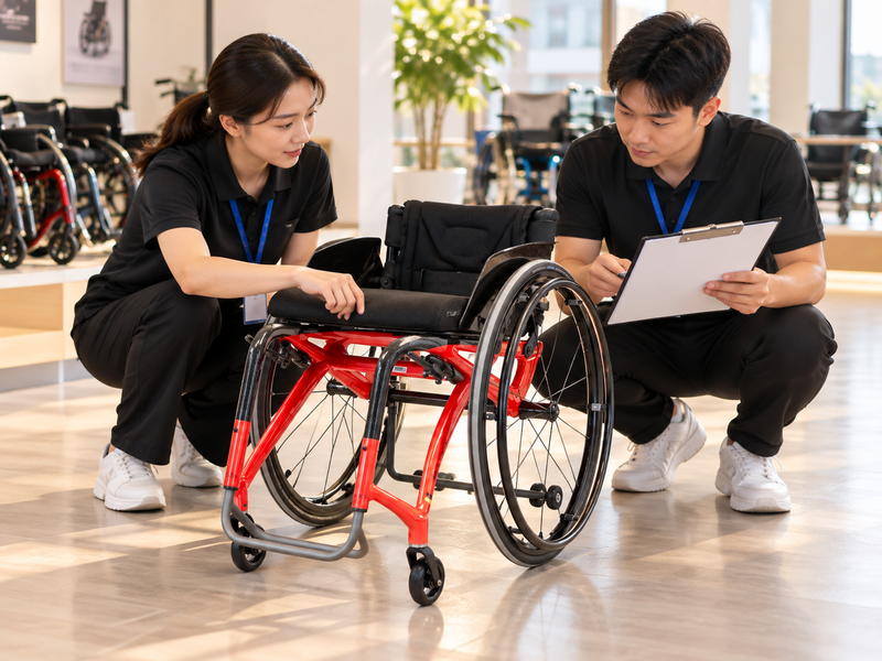 Illustrative review of a red sports manual wheelchair; frame material needs model documentation