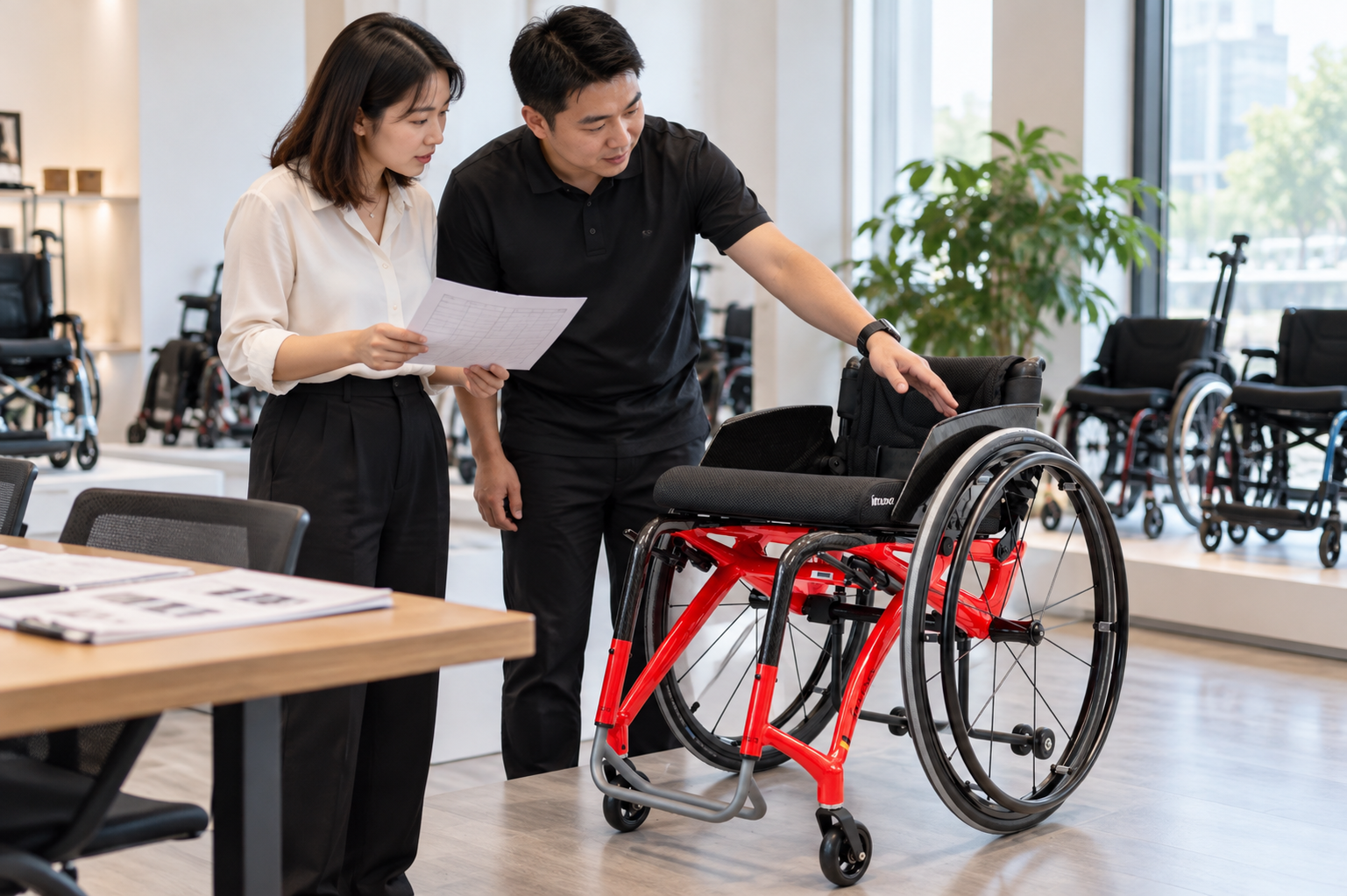 Illustrative supplier and dealer review beside a red sports manual wheelchair
