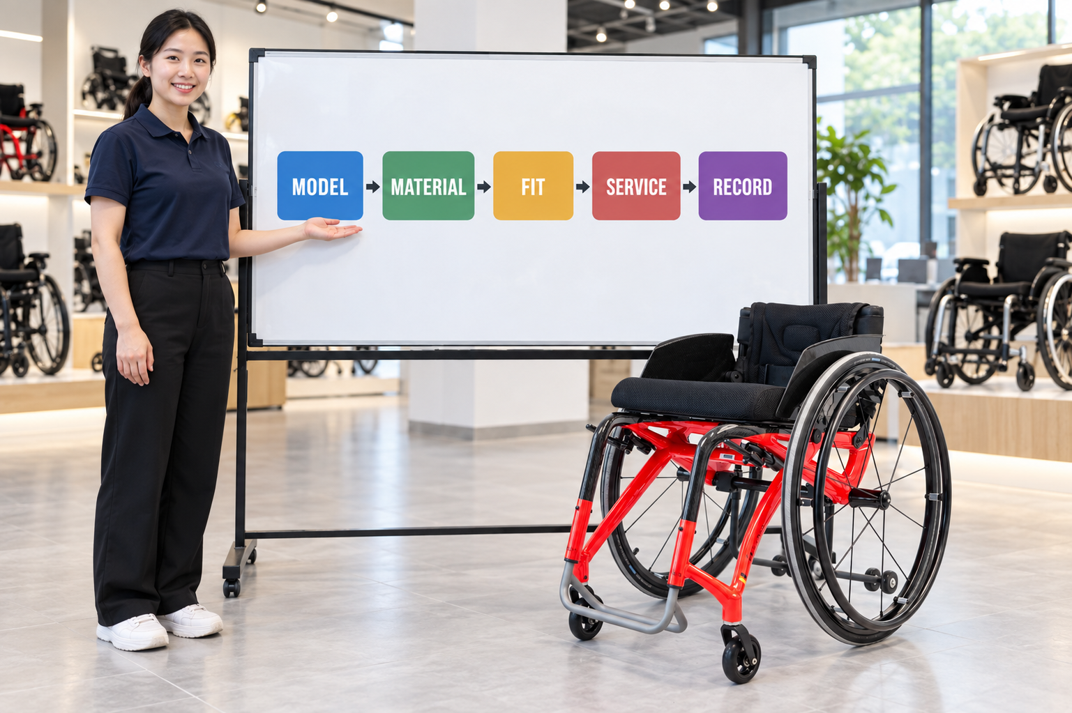 Illustrative material and fit review chart with model, material, fit, service and record steps
