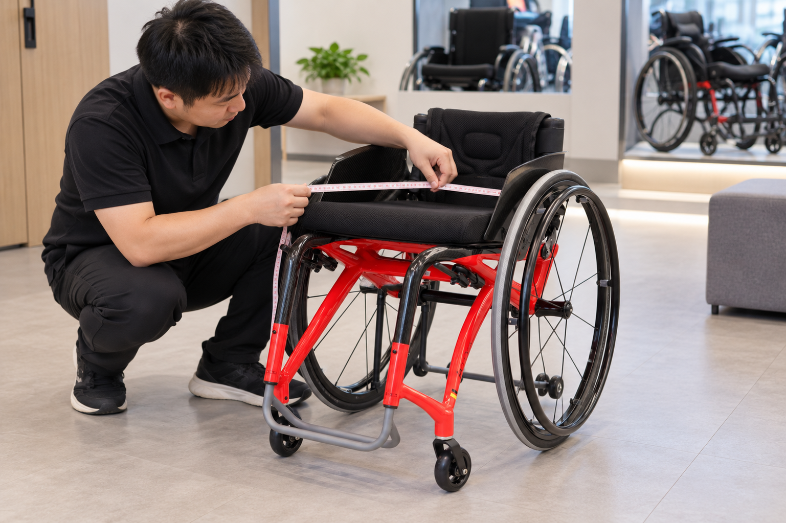 Illustrative individual seat-fit review beside a red sports manual wheelchair