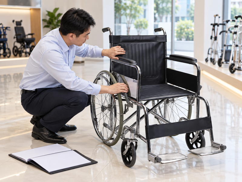 Illustrative inspection of manual wheelchair seat and back upholstery in a China showroom