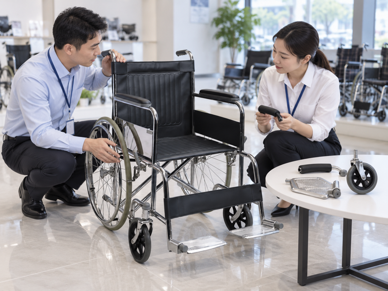 Illustrative dealer parts review beside a complete chrome manual wheelchair