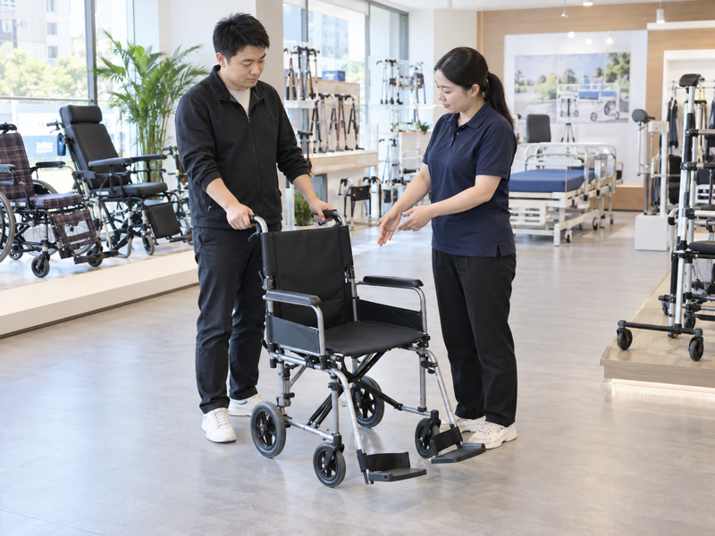 Illustrative empty attendant-propelled transport chair in a China showroom; not a specified AryMD model