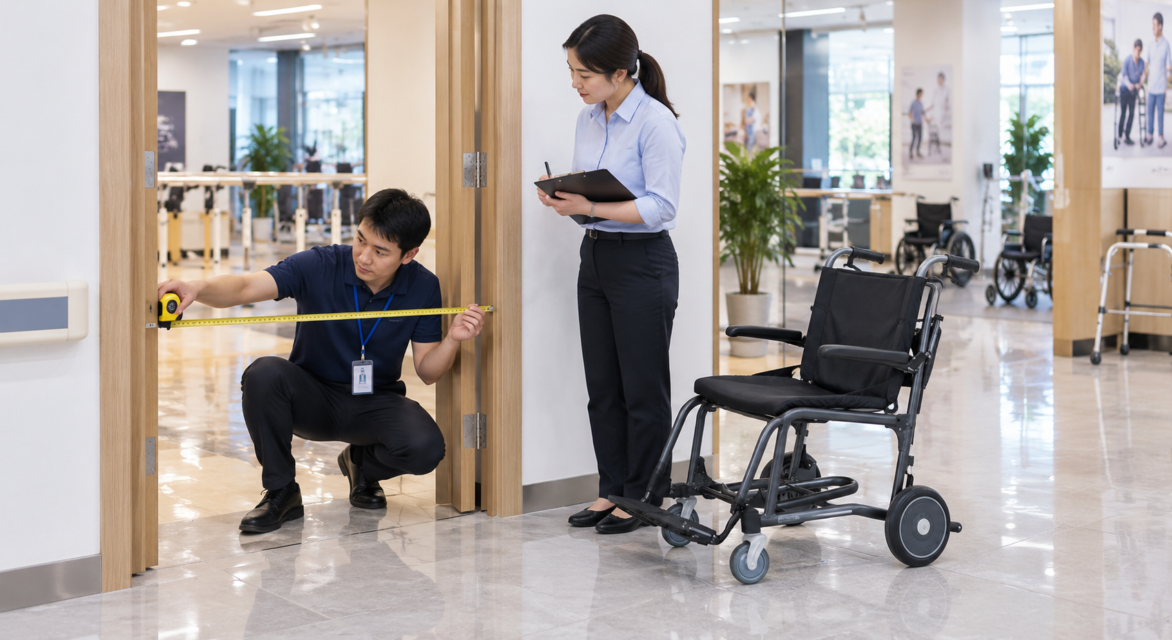 Illustrative attendant transport-chair route and doorway review in a China showroom
