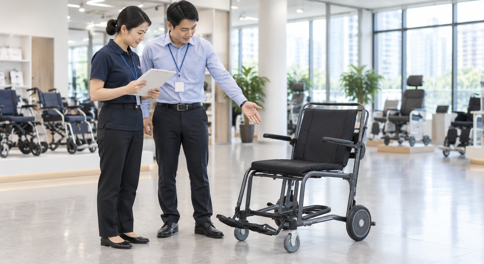 Illustrative empty transport-chair transfer-planning review with trained staff