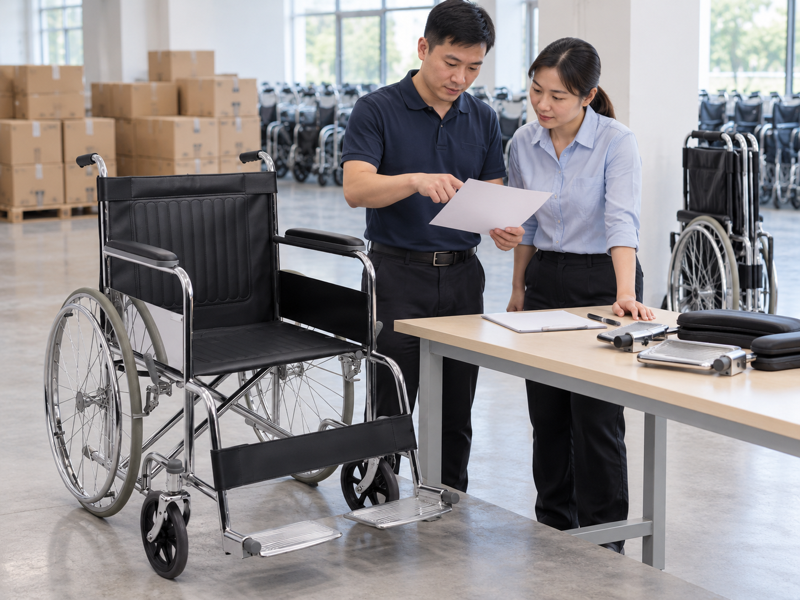 Illustrative wholesale sample review beside a complete manual wheelchair in a China showroom