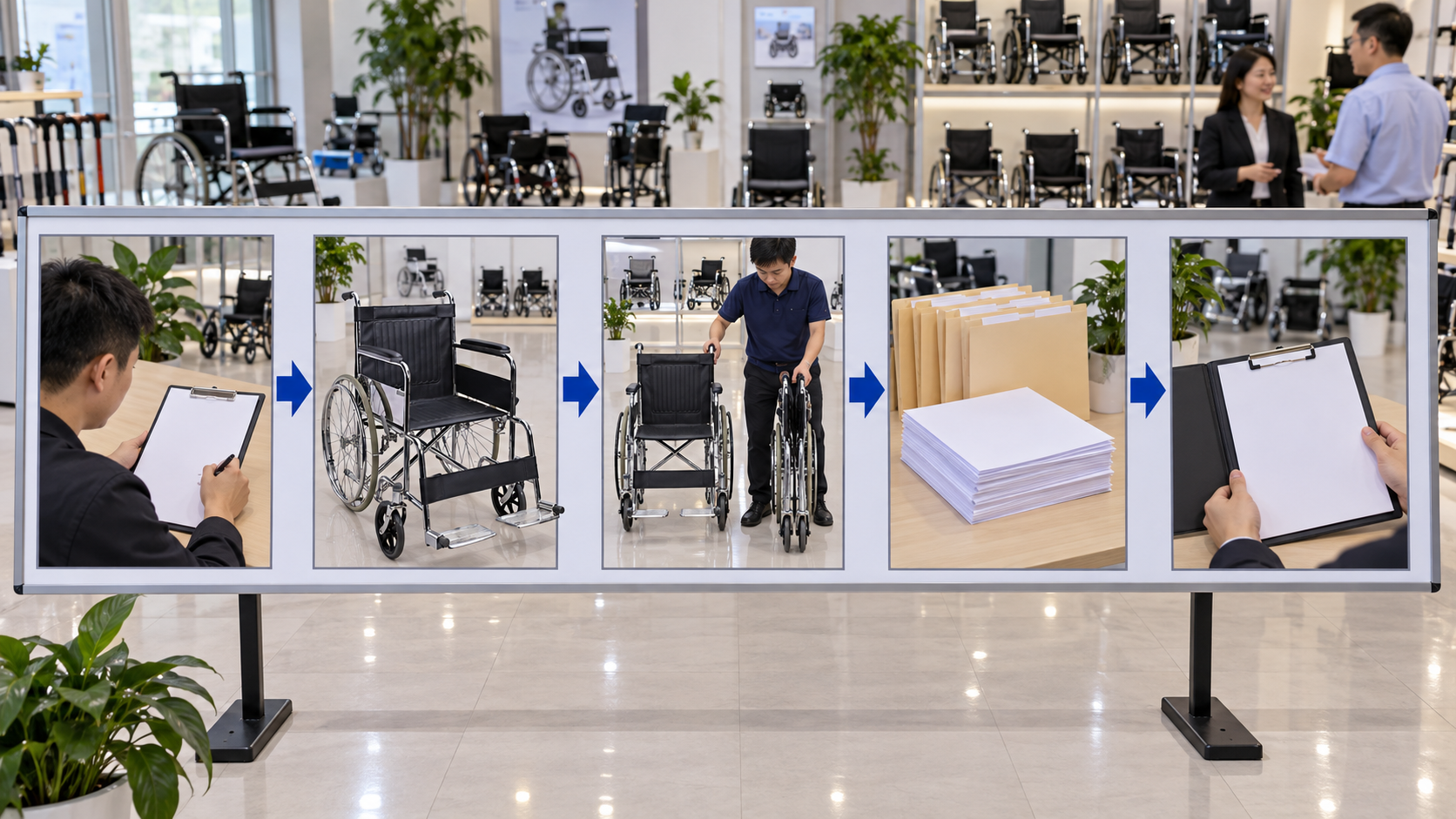 Photographic five-stage manual wheelchair mixed-order review chart ending with a blank pending order record