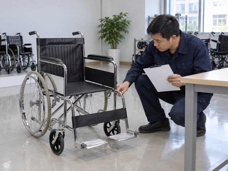 Illustrative technician reviewing a complete manual wheelchair sample with an unmarked record
