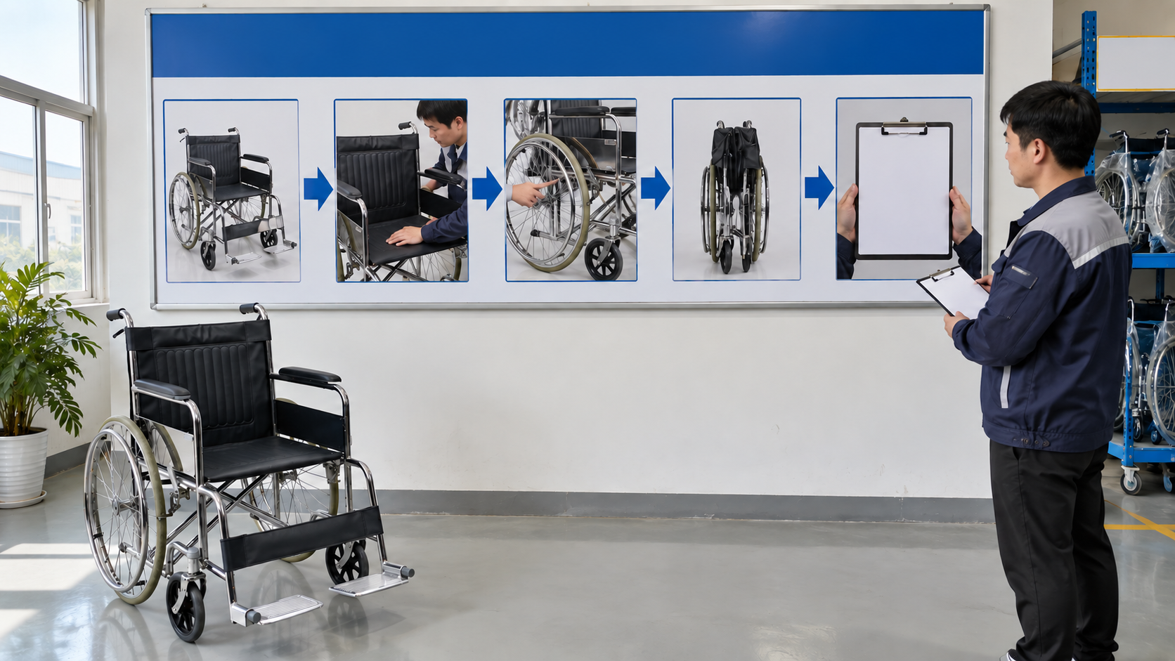 Photographic five-stage manual wheelchair sample inspection chart ending with a blank pending record