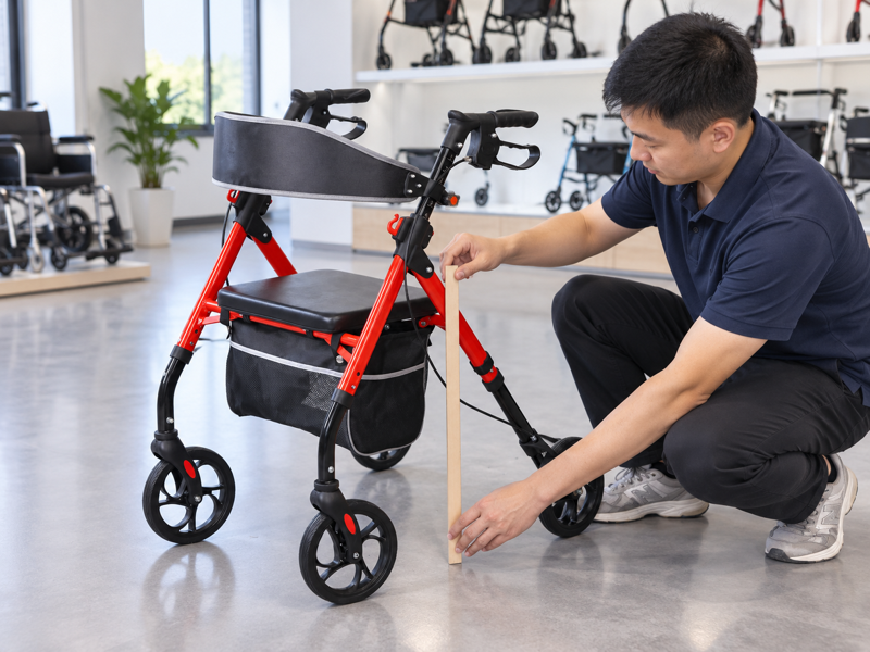 Illustrative review of seat position on a red four-wheel seated rollator