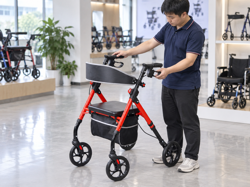 Illustrative review of paired handle positions on a red seated rollator