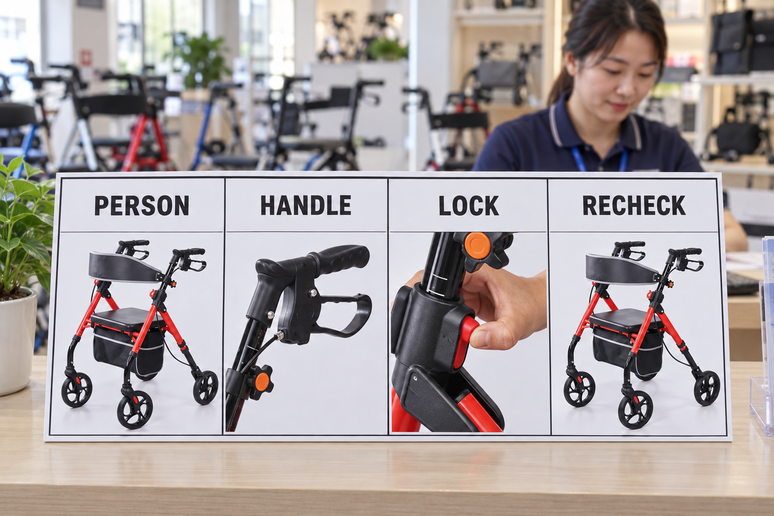 Photoreal handle-fit chart with person, handle, lock and recheck stages