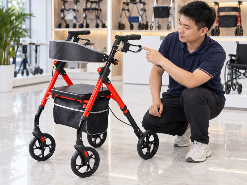 Illustrative showroom review of a hand-brake lever on a red four-wheel rollator