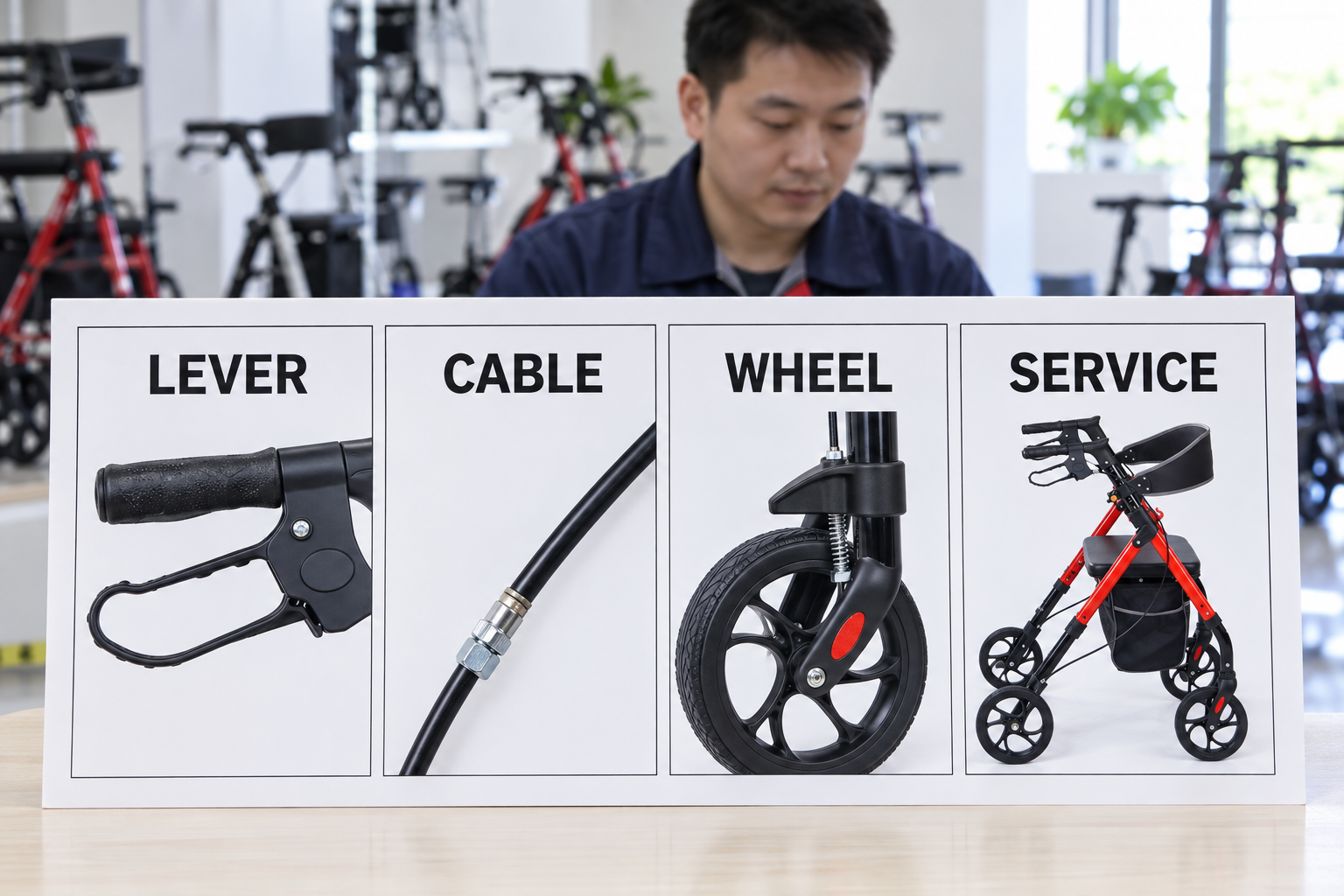 Photoreal brake-review chart with lever, cable, wheel and service stages