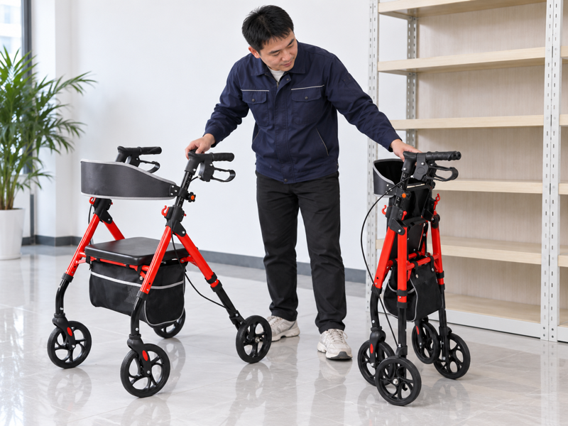 Illustrative comparison of open and compact red four-wheel seated rollators in a showroom