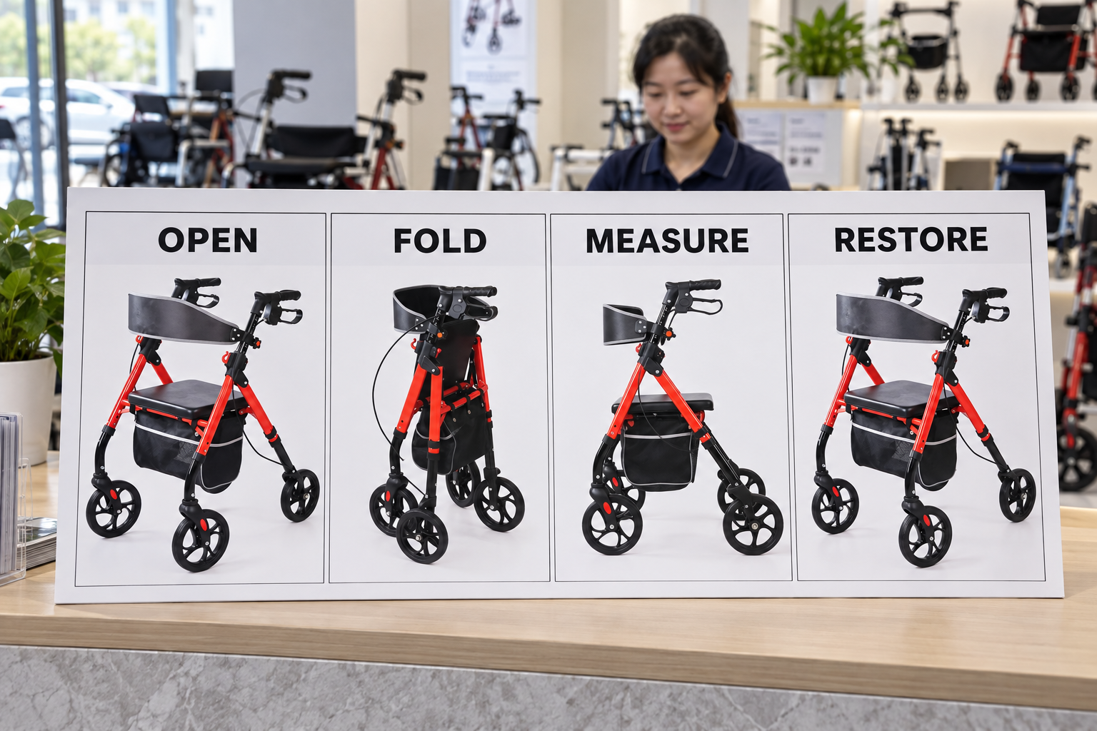 Photoreal storage layout chart showing open, fold, measure and restore stages