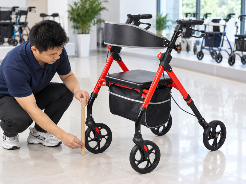 Illustrative showroom review of a red seated rollator wheel without a claimed diameter