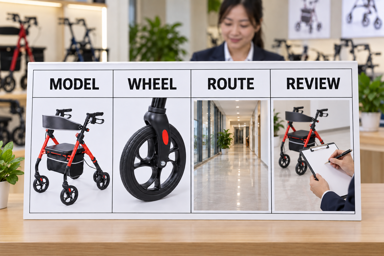 Photoreal wheel-review chart showing model, wheel, route and review stages