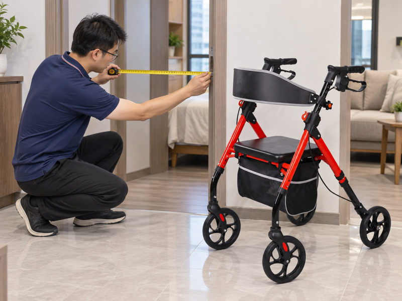 Illustrative four-wheel rollator beside an unmeasured mock apartment doorway