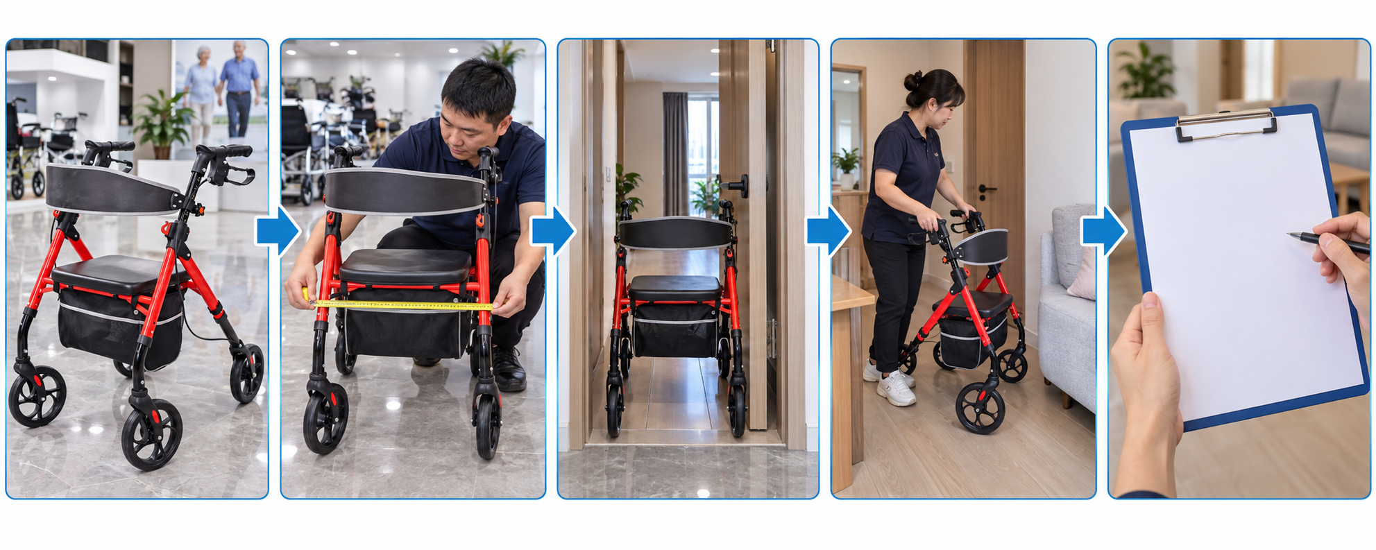 Photographic five-stage narrow rollator route review with a blank pending record