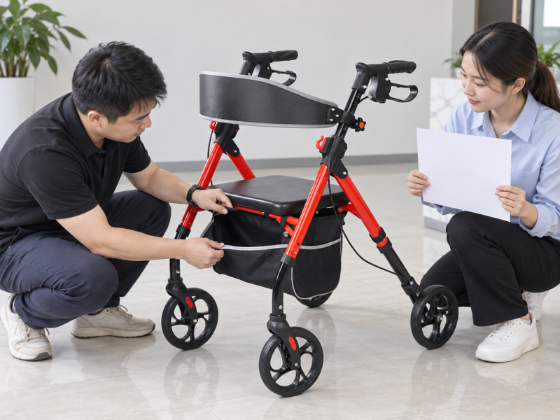 Illustrative review of an empty under-seat bag on a complete red four-wheel rollator