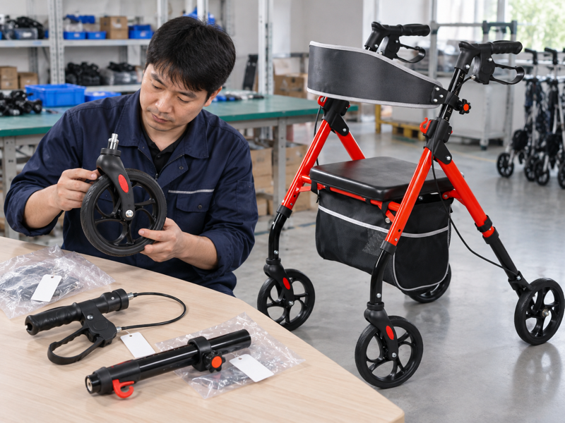 Illustrative part identification beside a complete red four-wheel rollator in a China workshop