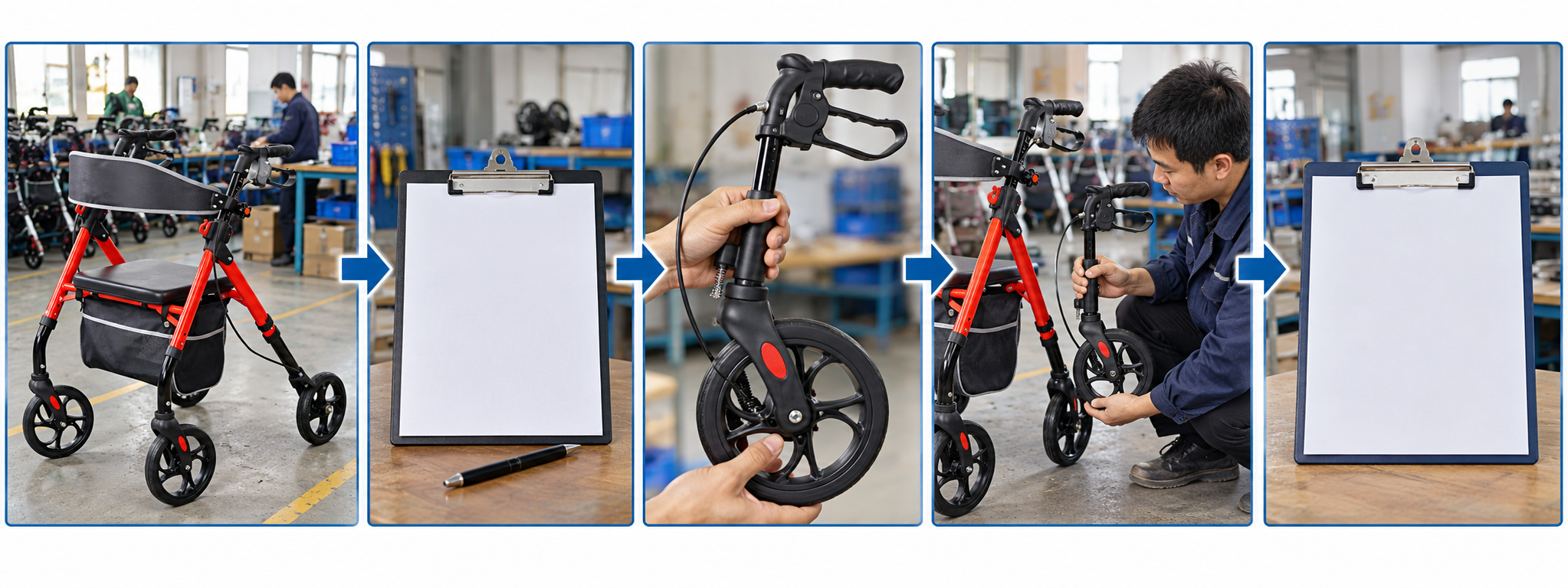 Photographic five-stage rollator replacement-part matching chart ending with a blank record
