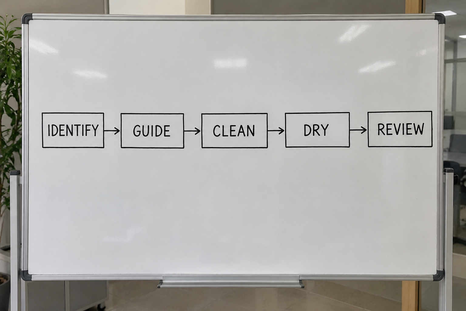 Photoreal rollator cleaning workflow: identify, guide, clean, dry, review