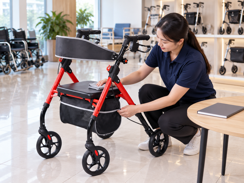 Illustrative review of a red seated rollator and its care instructions in a China showroom