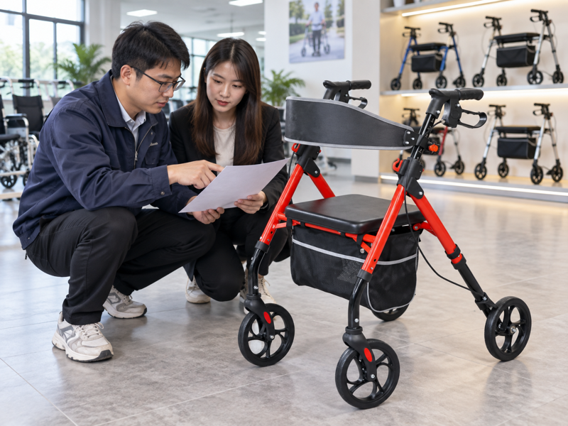 Illustrative supplier review of a red seated rollator for a French dealer range