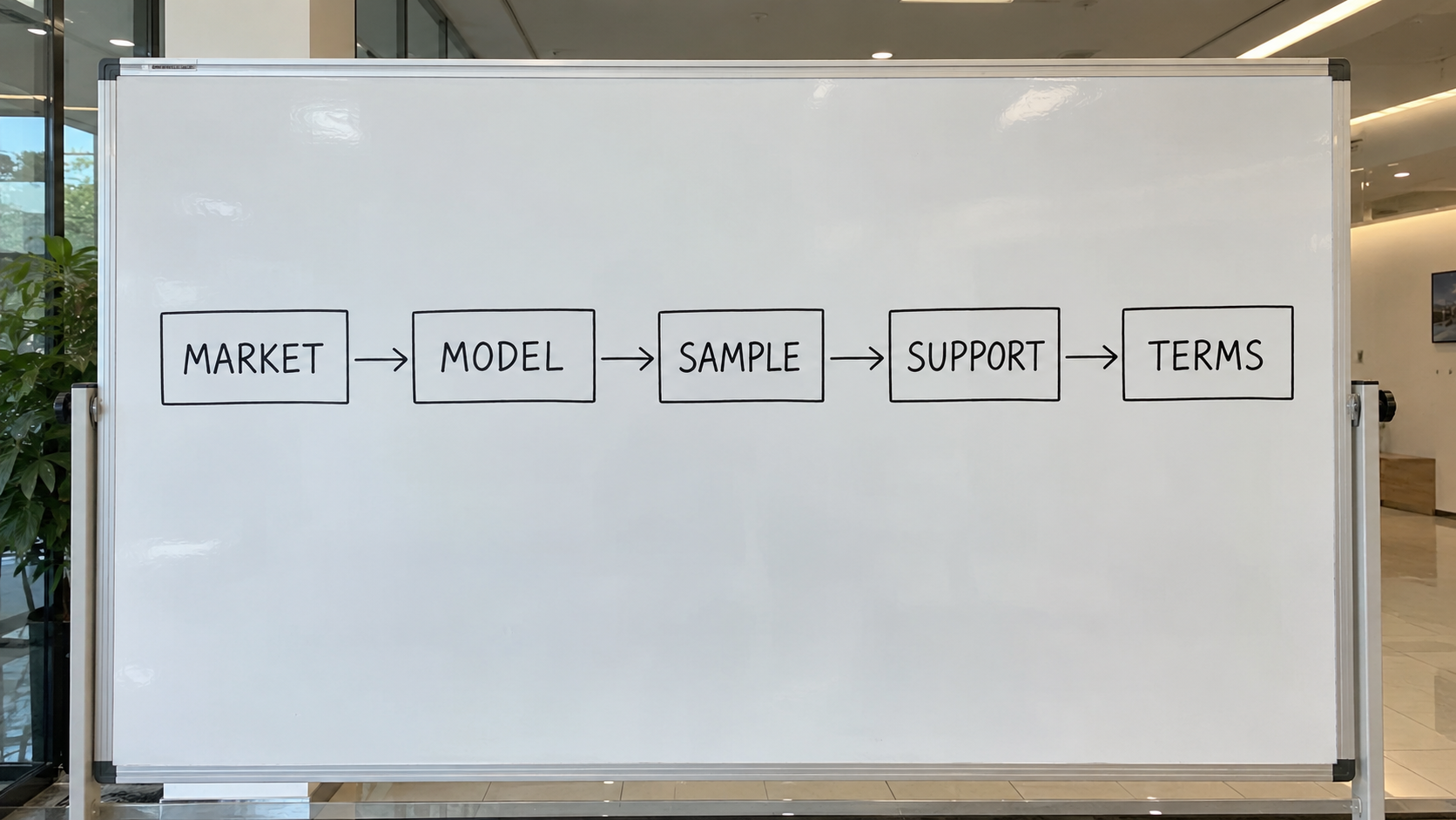 Photoreal wholesale range workflow: market, model, sample, support, terms