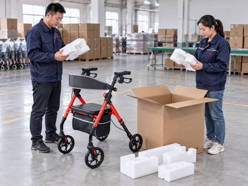 Illustrative packaging review beside a complete red four-wheel rollator and open carton