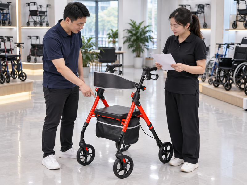 Illustrative showroom review of an empty red four-wheel rollator with a padded seat