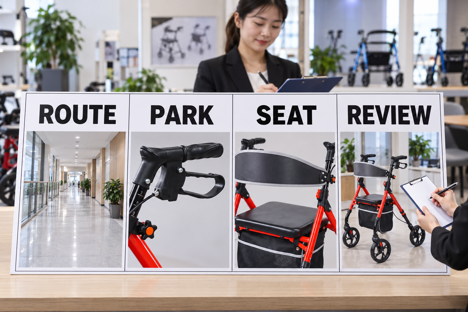 Photoreal rest-stop review chart showing route, park, seat and review stages