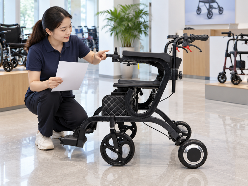 Illustrative specialist reviewing visible controls beside a complete black powered walker