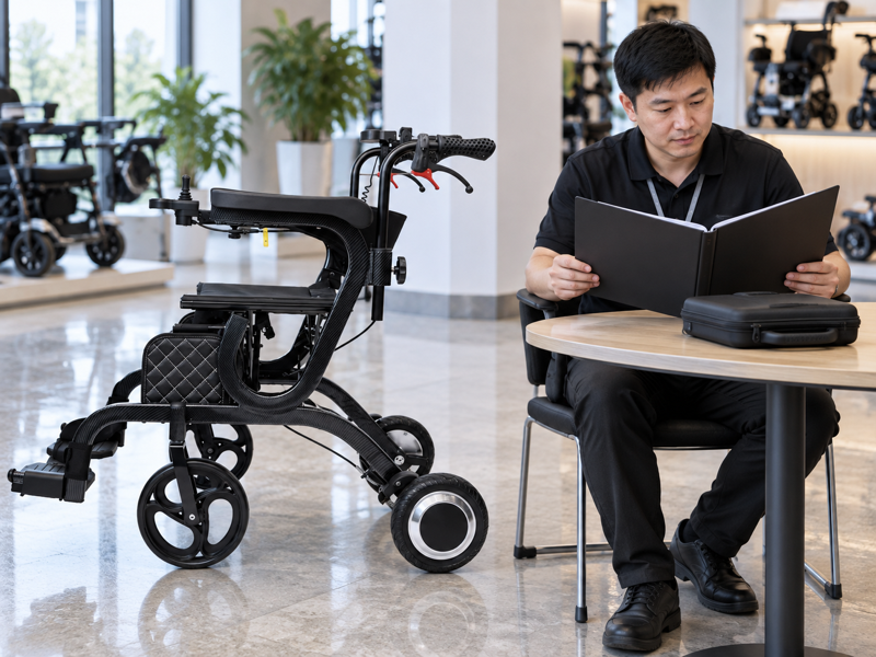 Illustrative powered walker battery-document review beside a complete black device