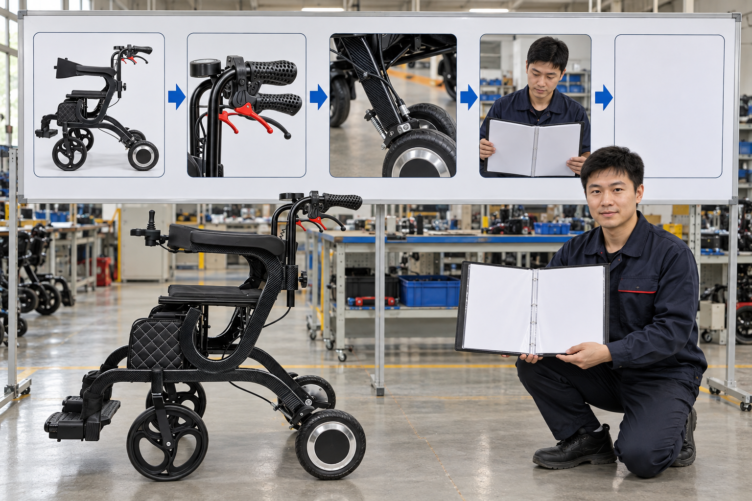 Photographic five-stage powered walker brake review chart with a blank pending record