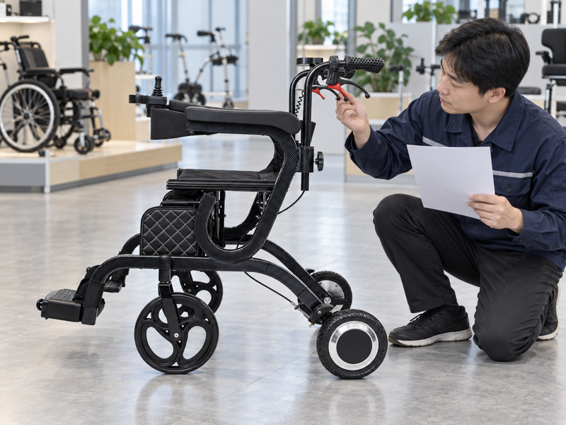 Illustrative visual review of red handle levers beside a complete black powered walker