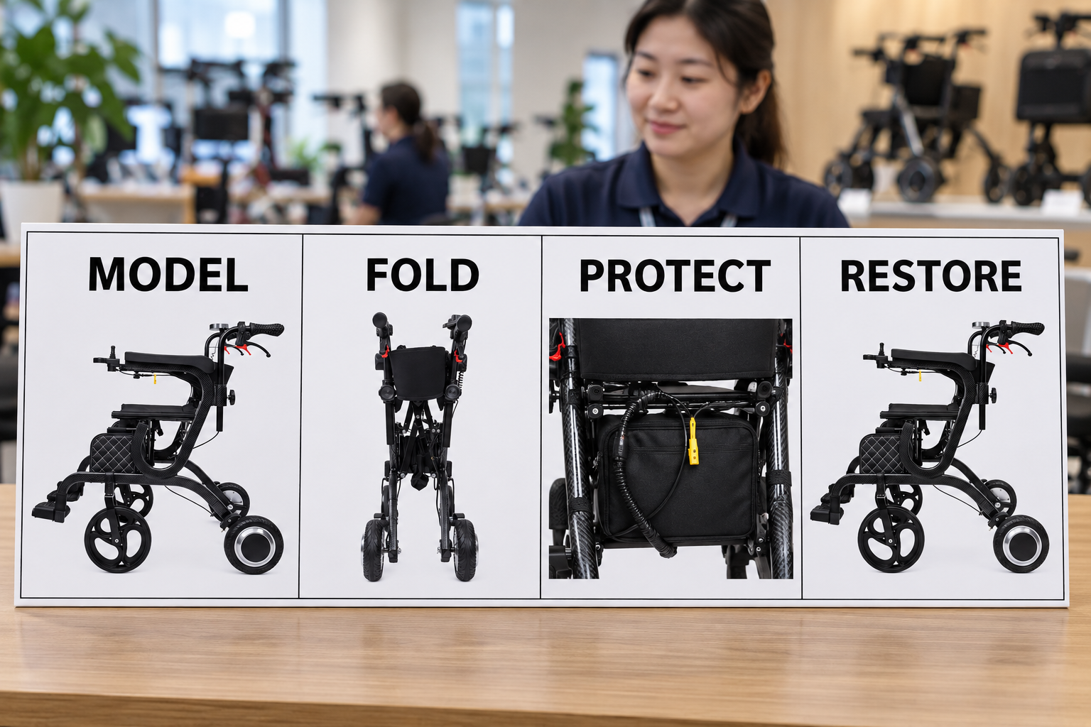 Photoreal powered walker storage chart showing model, fold, protect and restore stages