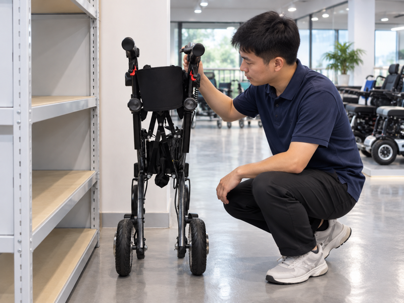 Illustrative inspection of an empty black powered walker in its compact folded state
